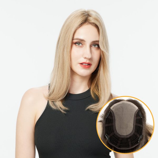 JULIE Deluxe Mono Top Hair Topper Mongolian Hair order from NEWTIMES HAIR worn by a woman in black dress b